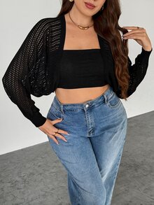 SHEIN Privé 大尺碼女款休閒時尚可愛軟挺修身商務純色長袖黑色針織開襟衫，適合秋季 Y2K 度假郵輪晚裝夜穿 - 黑色 - 查看 6