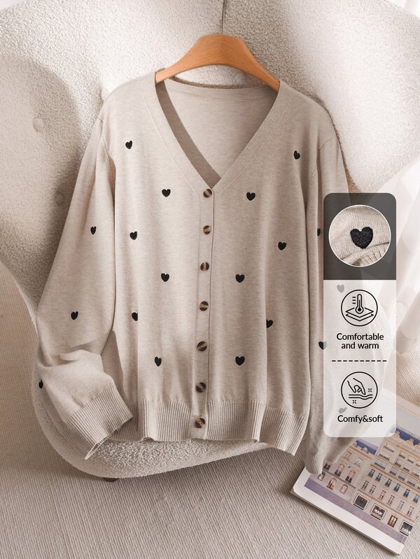 CosyJoli Plus Size Women Solid Color Heart Embroidery Basic Cardigan Autumn Business Casual Valentine's Day Dates Office Cute Elegant School College Beige