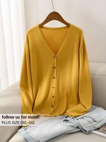 CosyJoli Women's Plus Size Casual Soft Form Business Casual Mustard Yellow Basic Cardigan, Autumn And / Office Dates School College - Yellow - View 2