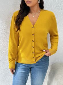 CosyJoli Women's Plus Size Casual Soft Form Business Casual Mustard Yellow Basic Cardigan, Autumn And / Office Dates School College - Yellow - View 14