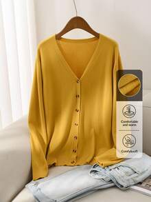 CosyJoli Women's Plus Size Casual Soft Form Business Casual Mustard Yellow Basic Cardigan, Autumn And / Office Dates School College - Yellow - View 5