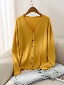 CosyJoli Women's Plus Size Casual Soft Form Business Casual Mustard Yellow Basic Cardigan, Autumn And / Office Dates School College - Yellow - View 3