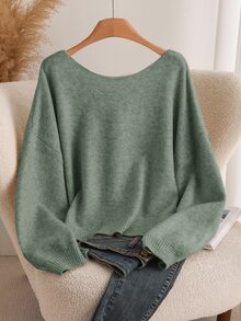 CosyJoli Women's Plus Size Bowknot Back Knitted Sweater, Fashionable & Comfortable Versatile Pullover For Autumn/Winter - Mint Green - View 3