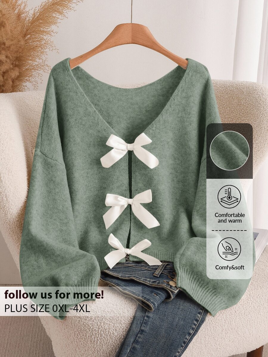 CosyJoli Women's Plus Size Bowknot Back Knitted Sweater, Fashionable & Comfortable Versatile Pullover For Autumn/Winter