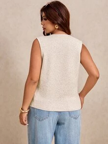 Elaquor Plus Size Women Solid Color Single-Breasted Casual Knitted Vest Plus Size  Plus Size Wide Leg Jeans Casual Vest For Women Fall/Winter - Apricot - View 3