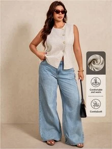 Elaquor Plus Size Women Solid Color Single-Breasted Casual Knitted Vest Plus Size  Plus Size Wide Leg Jeans Casual Vest For Women Fall/Winter - Apricot - View 8
