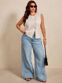 Elaquor Plus Size Women Solid Color Single-Breasted Casual Knitted Vest Plus Size  Plus Size Wide Leg Jeans Casual Vest For Women Fall/Winter - Apricot - View 4