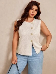 Elaquor Plus Size Women Solid Color Single-Breasted Casual Knitted Vest Plus Size  Plus Size Wide Leg Jeans Casual Vest For Women Fall/Winter - Apricot - View 5