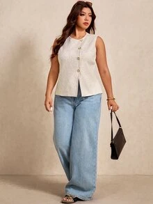 Elaquor Plus Size Women Solid Color Single-Breasted Casual Knitted Vest Plus Size  Plus Size Wide Leg Jeans Casual Vest For Women Fall/Winter - Apricot - View 9