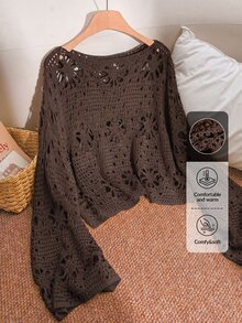 CosyJoli Plus Size Solid Color Hollow Out Knit Sweater Fall - Brown - View 2