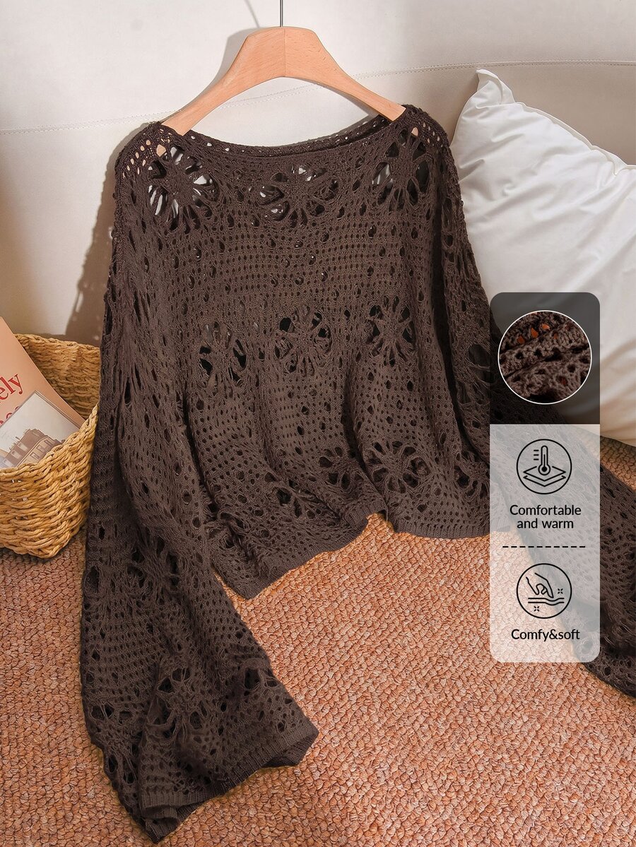 CosyJoli Plus Size Solid Color Hollow Out Knit Sweater Fall