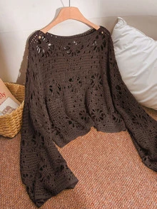 CosyJoli Plus Size Solid Color Hollow Out Knit Sweater Fall - Brown - View 8