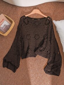 CosyJoli Plus Size Solid Color Hollow Out Knit Sweater Fall - Brown - View 4