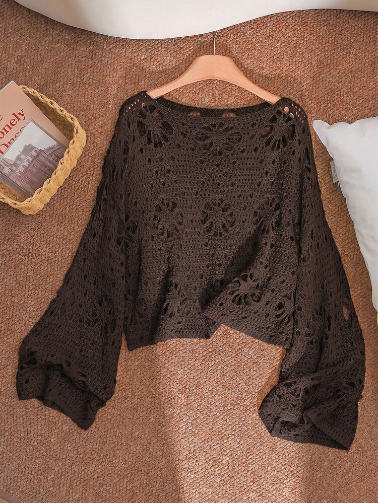 CosyJoli Plus Size Solid Color Hollow Out Knit Sweater Fall - Brown - View 3