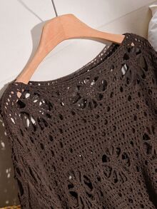 CosyJoli Plus Size Solid Color Hollow Out Knit Sweater Fall - Brown - View 5