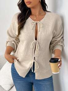 CosyJoli Plus Size Casual Lace-Up Loose Knit Cardigan, Winter Fall Fall/Winter - Apricot - View 6