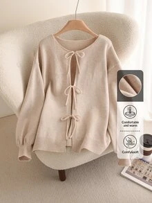 CosyJoli Plus Size Casual Lace-Up Loose Knit Cardigan, Winter Fall Fall/Winter - Apricot - View 2