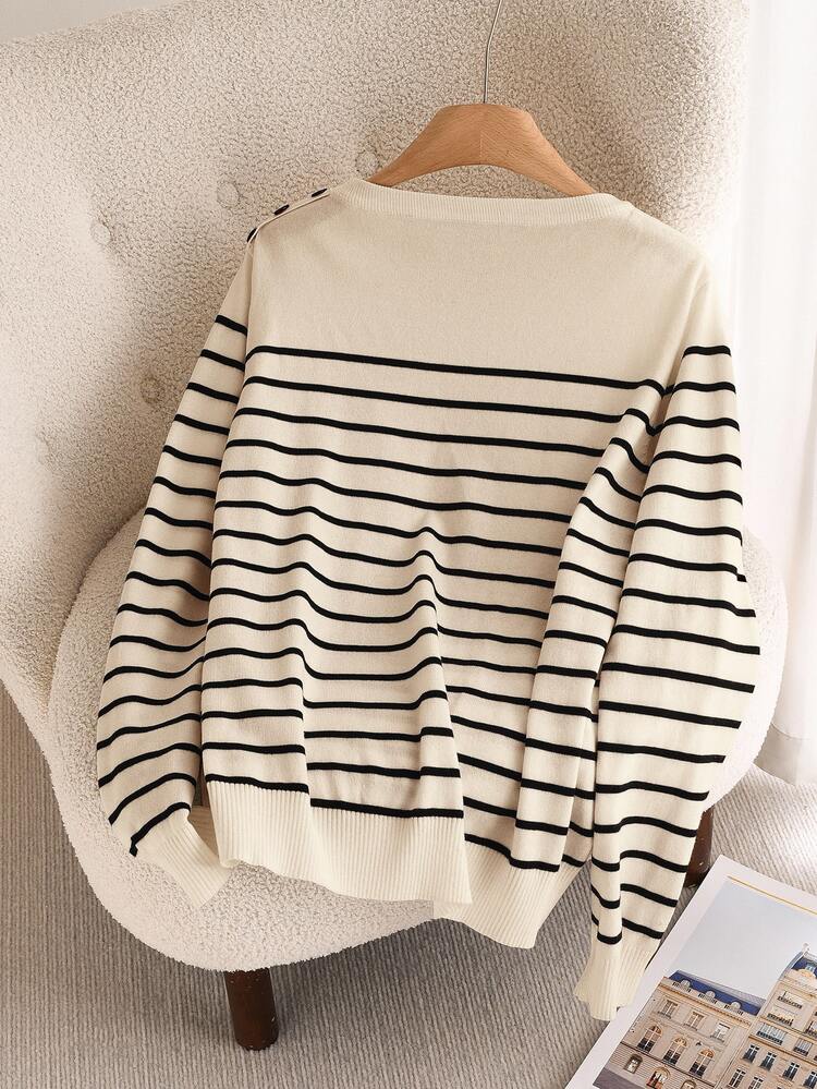 CosyJoli Plus Size Casual Crew Neck Long Sleeve Striped Knit Pullover Sweater Autumn Winter - Apricot - View 3