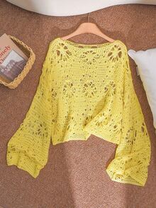 CosyJoli Plus Size Women Solid Color Crew Neck Hollow Out Long Sleeve Loose Pullover Sweater Fall - Yellow - View 4