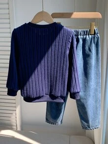 SHEIN 2件組兒童小男孩秋冬休閒羅紋藍色運動衫與藍色牛仔褲套裝，運動衫套裝，秋冬套裝，男孩服裝，校服套裝 - 彩色 - 查看 2