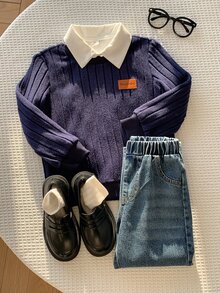 SHEIN 2件組兒童小男孩秋冬休閒羅紋藍色運動衫與藍色牛仔褲套裝，運動衫套裝，秋冬套裝，男孩服裝，校服套裝 - 彩色 - 查看 3