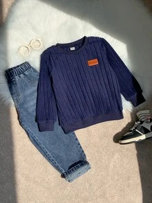 SHEIN 2件組兒童小男孩秋冬休閒羅紋藍色運動衫與藍色牛仔褲套裝，運動衫套裝，秋冬套裝，男孩服裝，校服套裝 - 彩色 - 查看 9