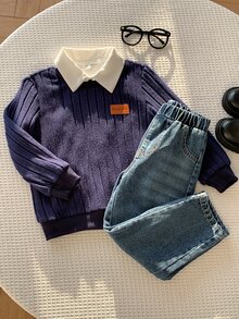 SHEIN 2件組兒童小男孩秋冬休閒羅紋藍色運動衫與藍色牛仔褲套裝，運動衫套裝，秋冬套裝，男孩服裝，校服套裝 - 彩色 - 查看 6