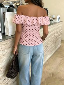 Lucivie Women's Polka Dot Contrast Color Ruffle Open Shoulder Waist-Cinching Faux Button Top, Spring/Summer French Romantic White, Suitable For Dating And Daily Wear - Multicolor - View 2