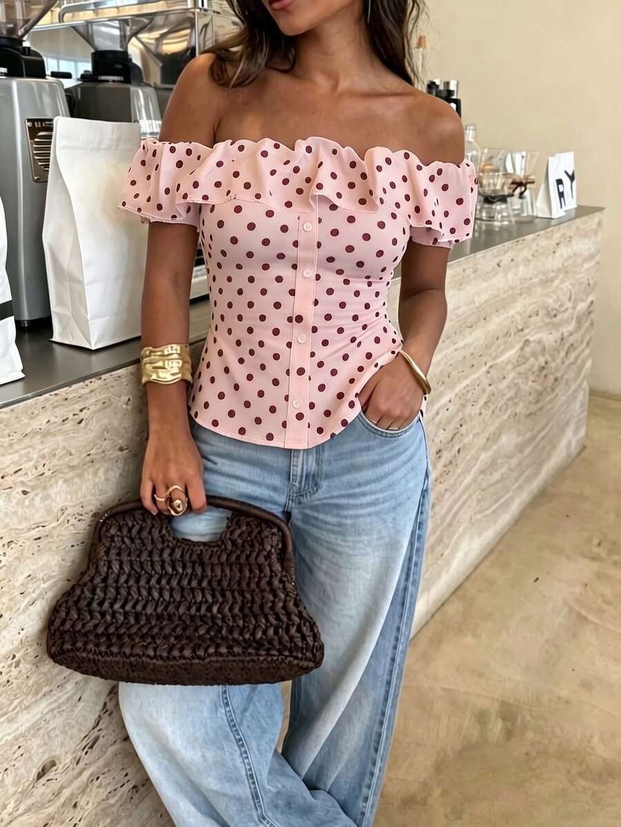 Lucivie Women's Polka Dot Contrast Color Ruffle Open Shoulder Waist-Cinching Faux Button Top, Spring/Summer French Romantic White, Suitable For Dating And Daily Wear - Multicolor - View 1