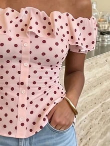 Lucivie Women's Polka Dot Contrast Color Ruffle Open Shoulder Waist-Cinching Faux Button Top, Spring/Summer French Romantic White, Suitable For Dating And Daily Wear - Multicolor - View 3