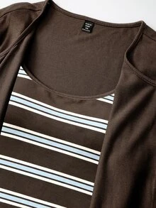 GlowEve CURVE Plus Size Women's Knit Short Sleeve Cardigan With Front Button Closure, Striped Slim Fit Camisole With Drawstring Decor, Elegant Casual Commute Daily - Brown - View 6