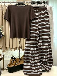 GlowEve CURVE Plus Size Women's Knit Short Sleeve Cardigan With Front Button Closure, Striped Slim Fit Camisole With Drawstring Decor, Elegant Casual Commute Daily - Brown - View 2