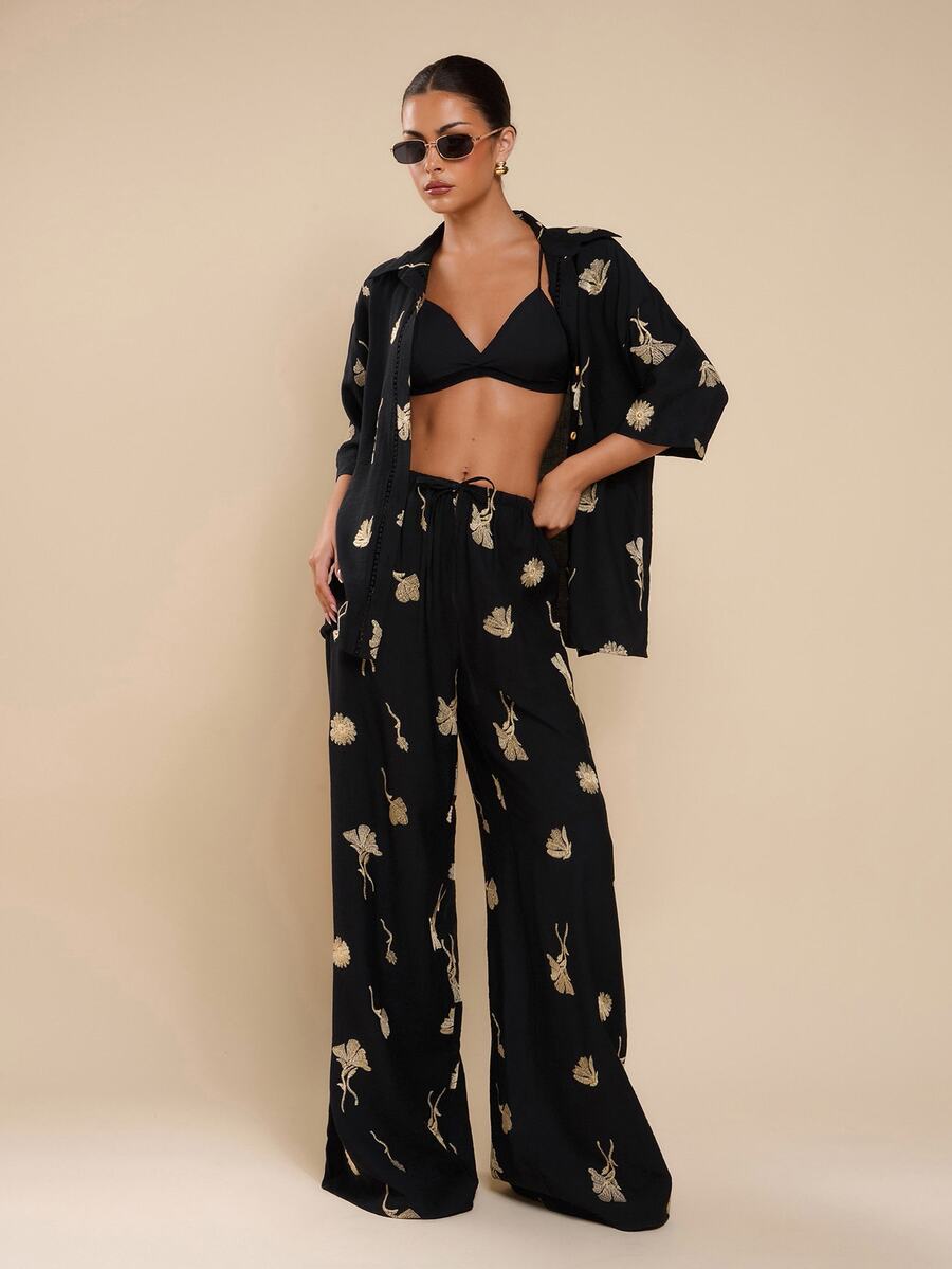 COSMINA Women Embroidery Decor Casual Versatile Straight Leg Pants For Everyday Wear - Black - View 1