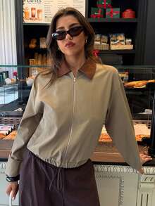 Aloruh 女款優雅街頭風通勤早餐日常上班夜約會休閒拼色領長袖夾克，薄款外套初秋棕色 - 卡其色 - 查看 8