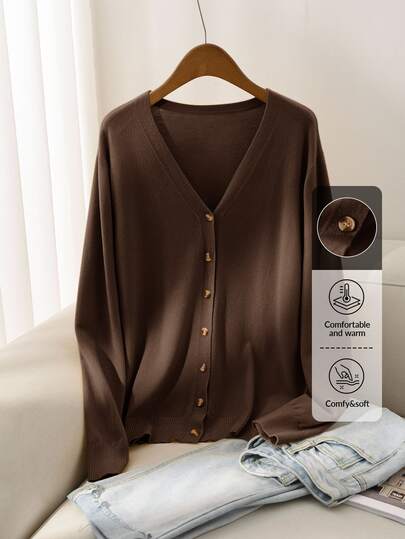 CosyJoli Women's Plus Size Casual Versatile All-Match Solid Color Cardigan Teachers' Day Office Chocolate Brown Autumn