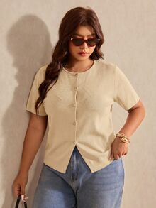Elaquor Plus Size Autumn Casual Soft Form Business Casual Solid Color Short Sleeve Cardigan Teachers' Day Office Formal Khaki - Apricot - View 5