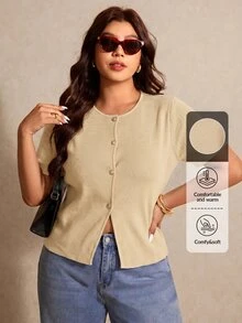 Elaquor Plus Size Autumn Casual Soft Form Business Casual Solid Color Short Sleeve Cardigan Teachers' Day Office Formal Khaki - Apricot - View 7