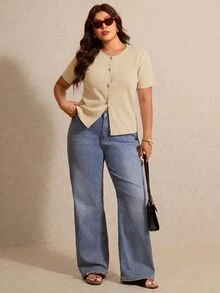 Elaquor Plus Size Autumn Casual Soft Form Business Casual Solid Color Short Sleeve Cardigan Teachers' Day Office Formal Khaki - Apricot - View 4