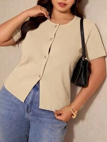 Elaquor Plus Size Autumn Casual Soft Form Business Casual Solid Color Short Sleeve Cardigan Teachers' Day Office Formal Khaki - Apricot - View 8