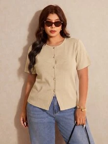 Elaquor Plus Size Autumn Casual Soft Form Business Casual Solid Color Short Sleeve Cardigan Teachers' Day Office Formal Khaki - Apricot - View 6