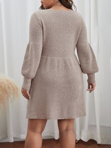 SHEIN Frenchy 加大灯笼袖毛衣裙（无腰带）冬季 - 杏色 - 查看 3