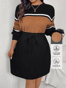 SHEIN Frenchy 秋冬大码圆领长袖休闲舒适时尚条纹毛衣裙 - 黑色 - 查看 7