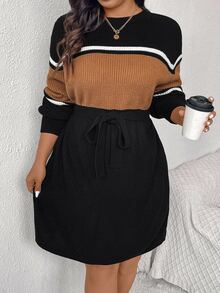 SHEIN Frenchy 秋冬大码圆领长袖休闲舒适时尚条纹毛衣裙 - 黑色 - 查看 8