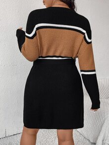 SHEIN Frenchy 秋冬大码圆领长袖休闲舒适时尚条纹毛衣裙 - 黑色 - 查看 3