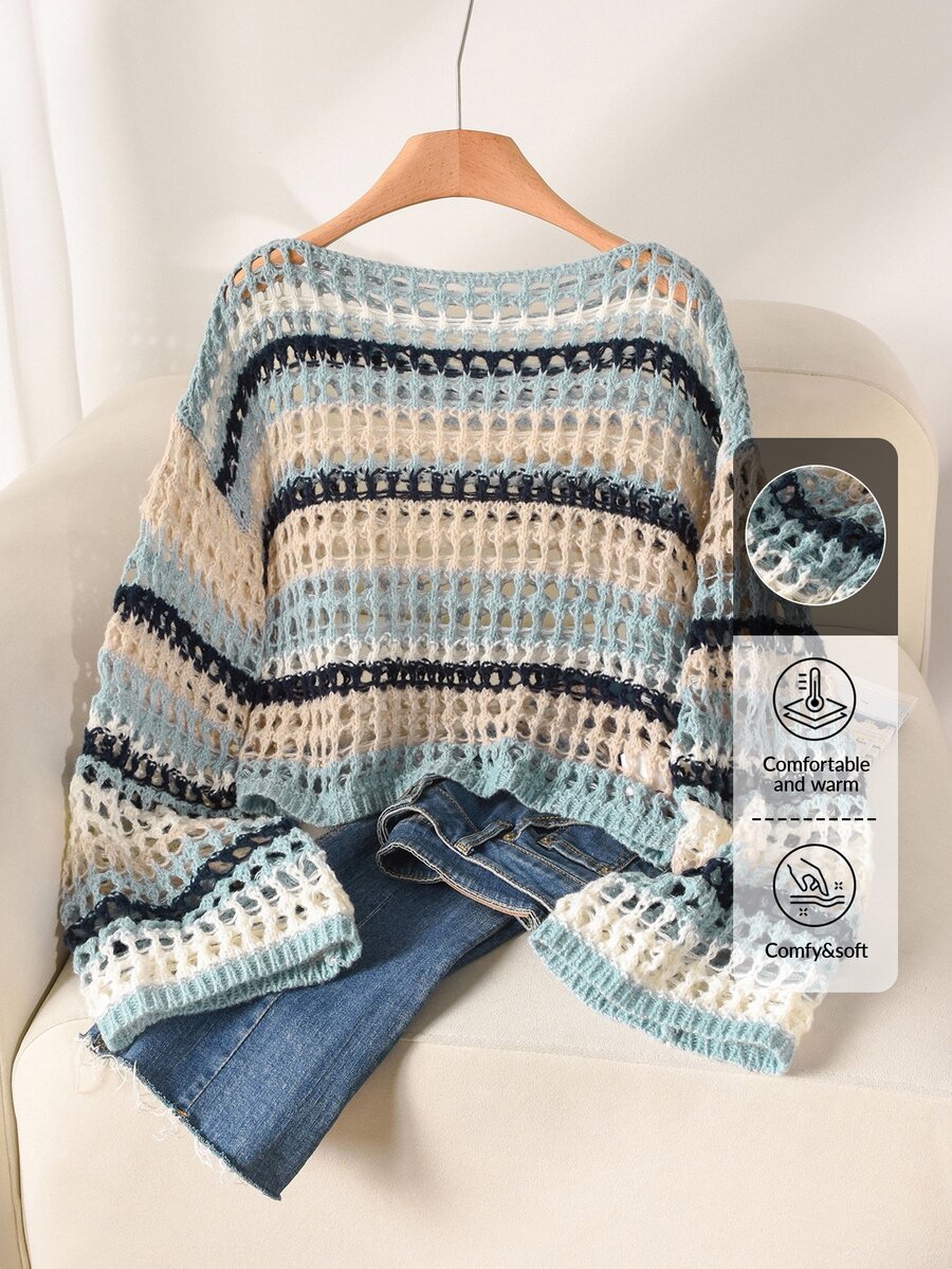CosyJoli Plus Size Casual Blue White Striped Hollow Out Boat Neck Loose Short Pullover Long Sleeve Sweater,Slightly Sheer, Sun Protection In Fall/Winter - Blue and White - View 1