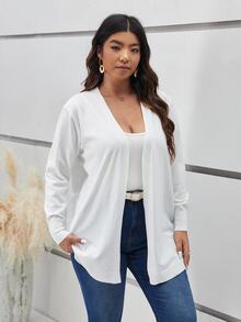 SHEIN Frenchy 大尺碼純色休閒柔軟修身得體設計女款開襟衫，秋季/辦公正式工作白色女裝 - 白色 - 查看 4