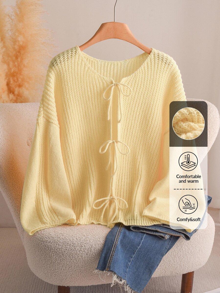 CosyJoli Plus Size Autumn/Winter Romantic Casual Minimalist Versatile Preppy Style Lace-Up Bow Loose Fit Yellow Knit Cardigan Sweater