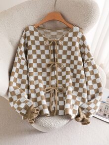 CosyJoli Plus Size Women's Casual Plaid Pattern Tie Cardigan, Autumn/Winter Fall Fall/Winter - Khaki - View 5
