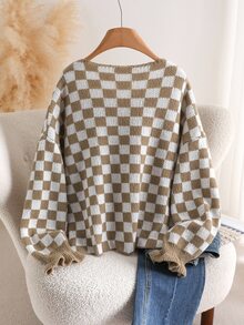 CosyJoli Plus Size Women's Casual Plaid Pattern Tie Cardigan, Autumn/Winter Fall Fall/Winter - Khaki - View 3