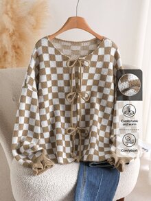 CosyJoli Plus Size Women's Casual Plaid Pattern Tie Cardigan, Autumn/Winter Fall Fall/Winter - Khaki - View 4